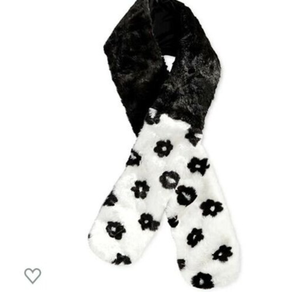 $54 Betsey Johnson Trolls Floral Faux-Fur Scarf‎ Black & White NWT